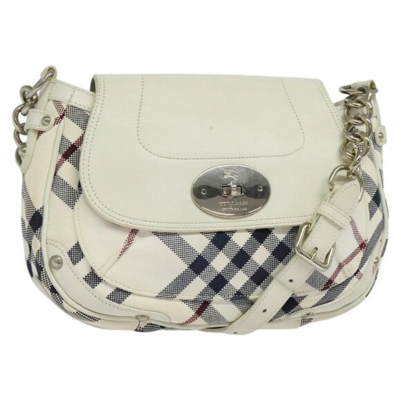 BURBERRY Nova Check Blue Label Bag Canvas Leather White Silver Auth EC349 - Picture 1 of 16